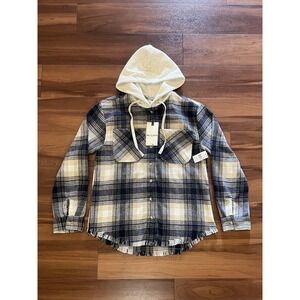 Wallflower Flannel Hoodie Sweater Plaid Navy Blue Tan Frayed Women's Size Small